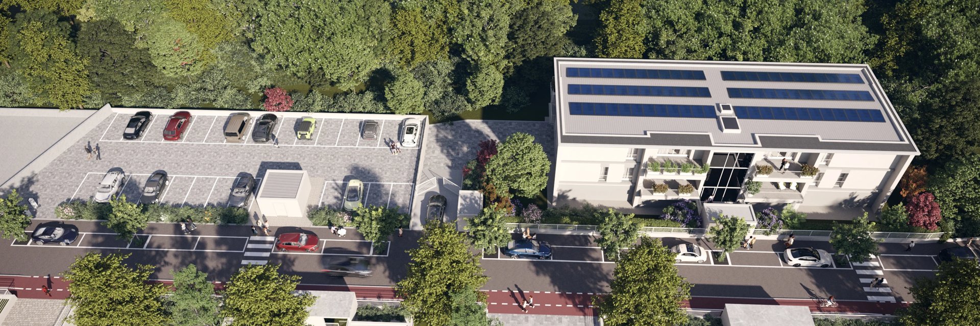 Vista aerea del progetto Mil-Flores in Via Bombici, Cremona, che evidenzia i pannelli fotovoltaici (Classe A) e l'area parche