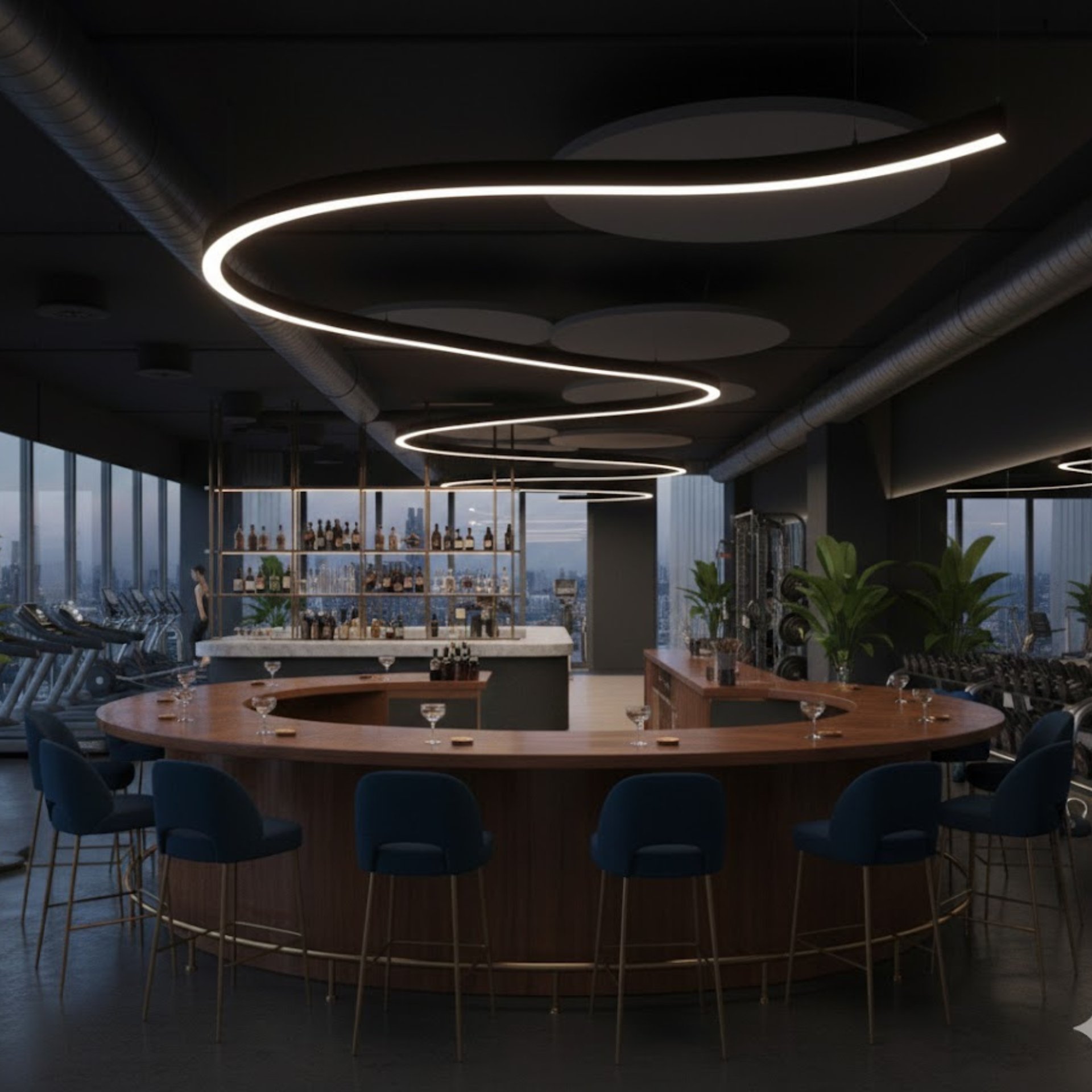 an abstract photo of a curved building with a blue sky in the background