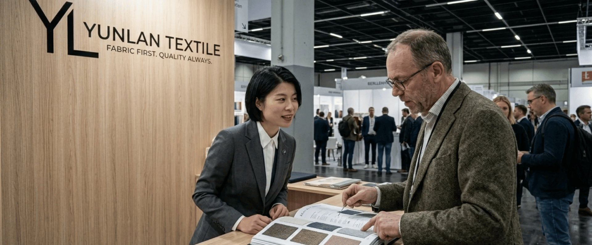 Yunlan Textile booth at a trade show; a representative presents fabric samples to a visitor.