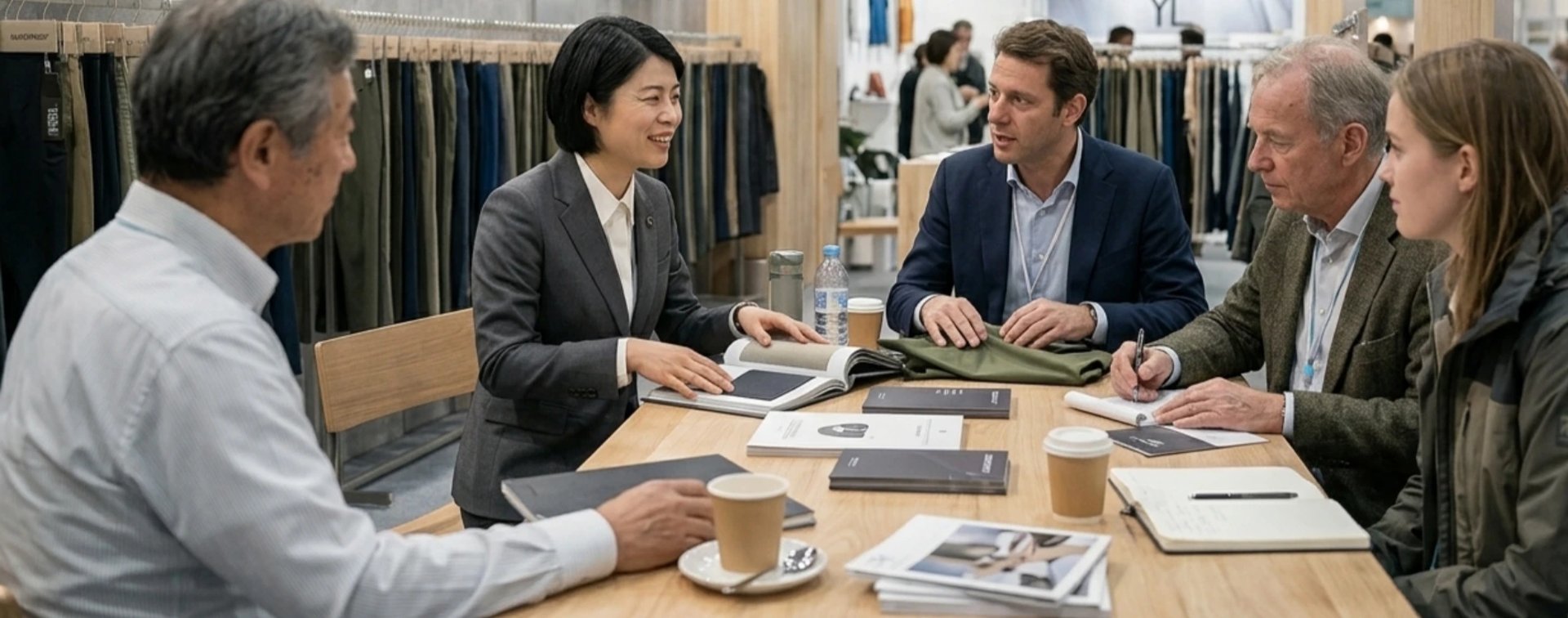 Yunlan Textile representative discussing garment manufacturing with international apparel brand delegates