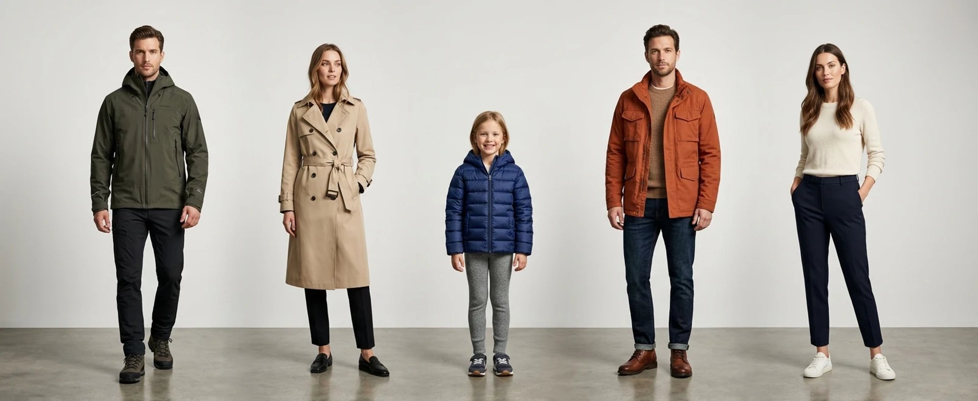 High-end fashion studio image of European models presenting modern outerwear and casual apparel collections