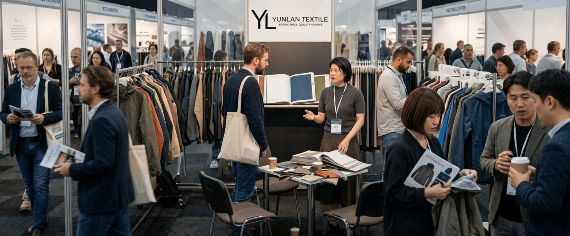 YUNLAN TEXTILE fabric booth at international textile trade show with buyers discussing functional apparel fabrics