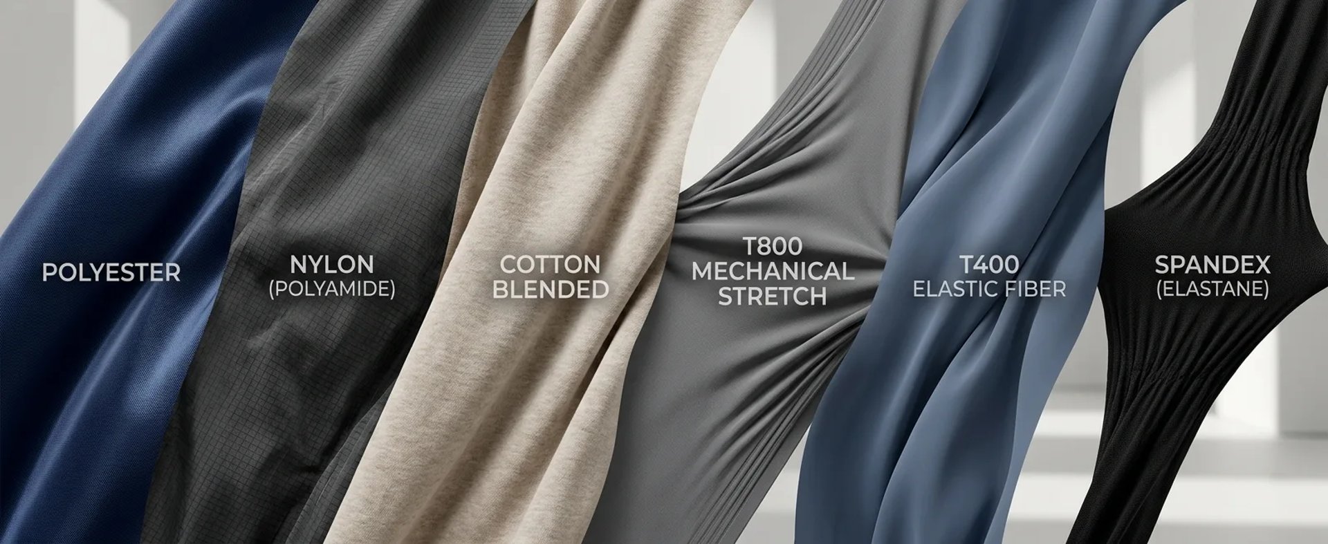 Realistic textile fabric banner showcasing Polyester, Nylon, Cotton, and specific stretch fibers