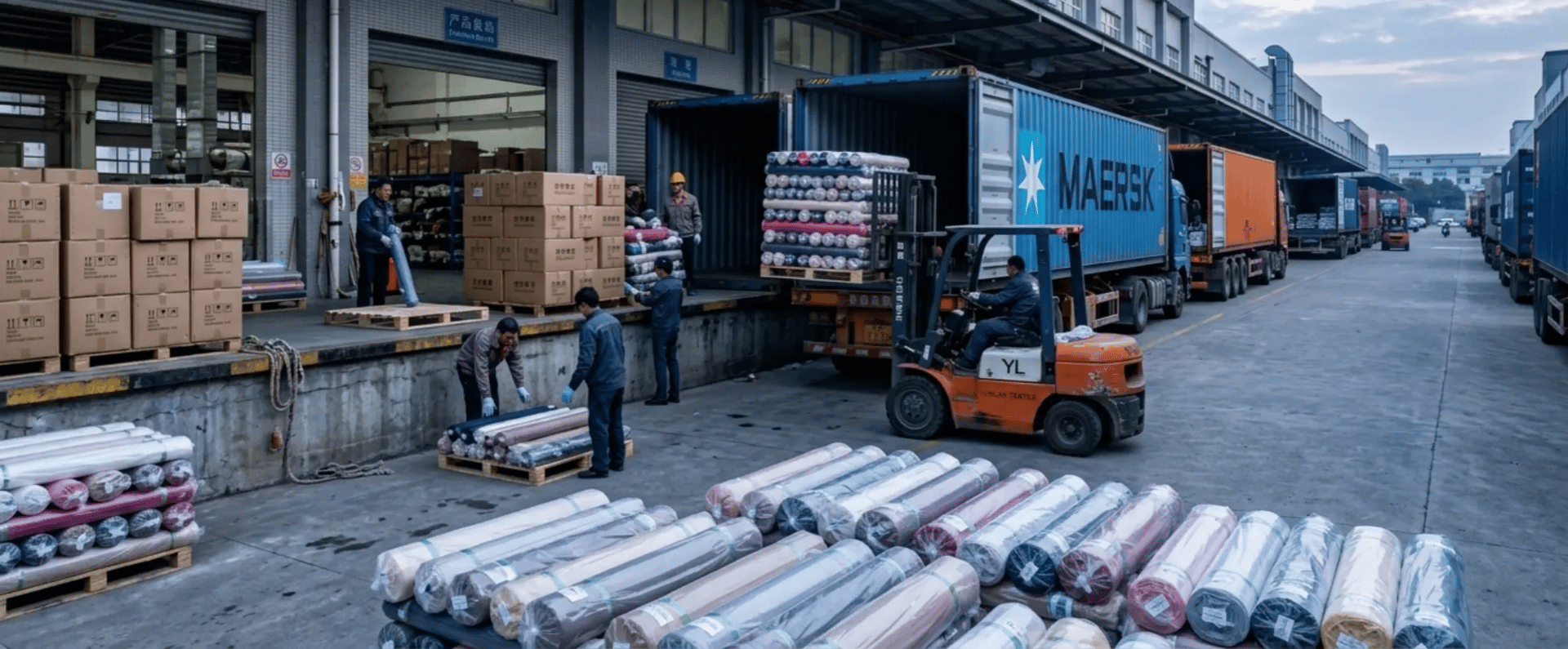 Forklift loading fabric rolls into a Maersk container at a busy warehouse loading dock with workers and boxes