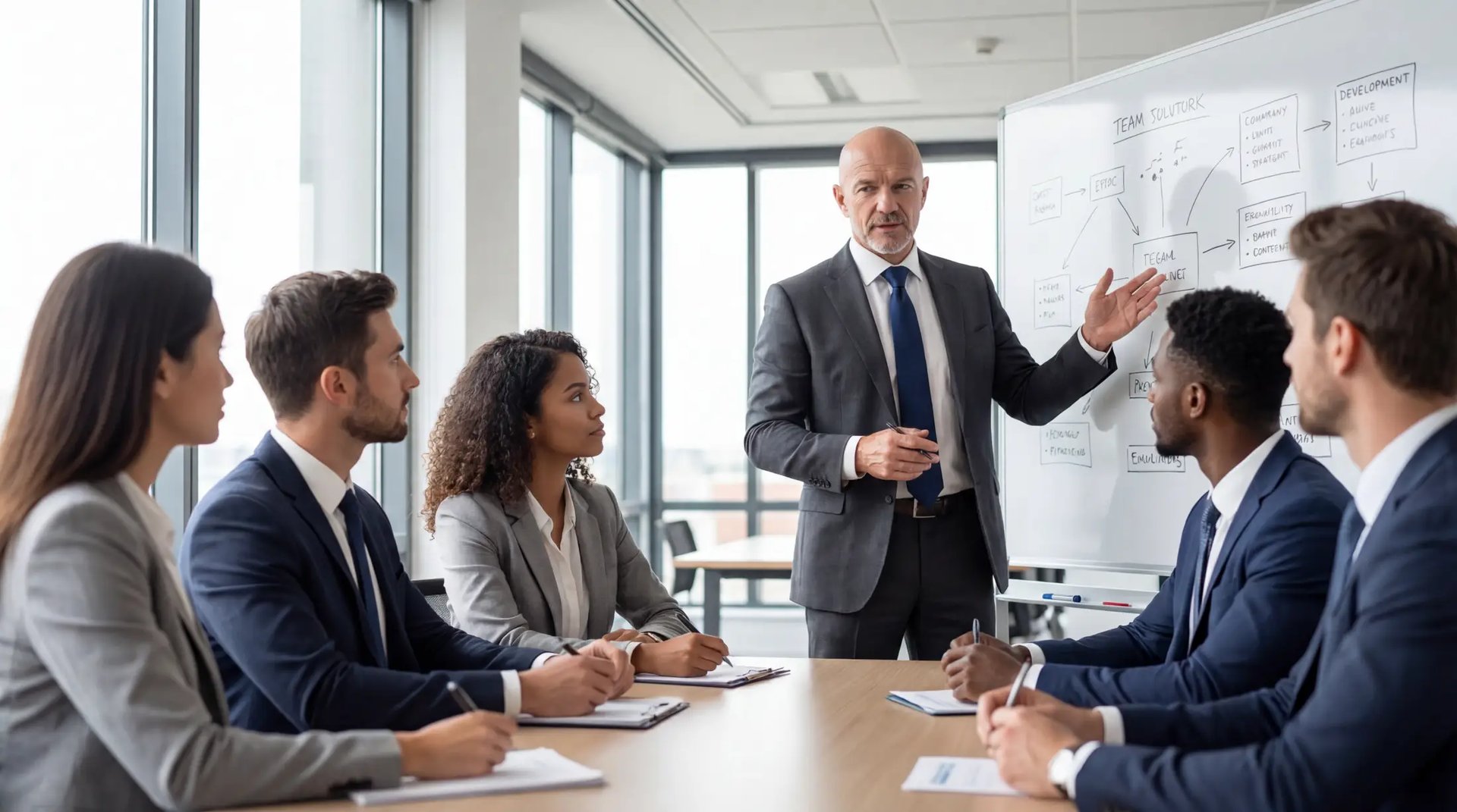 Business professionals in formal meeting discussing strategy around conference table