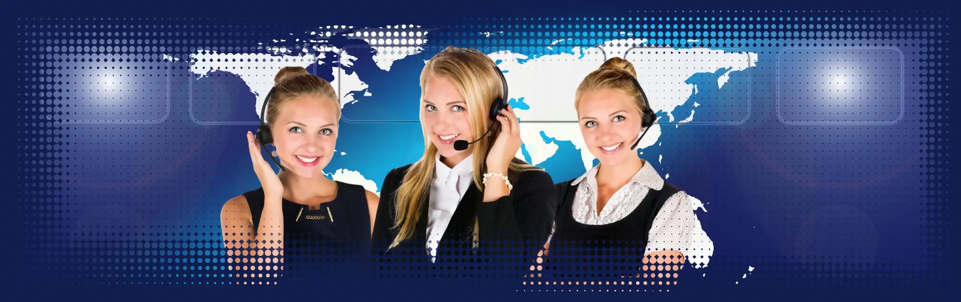 Customer service representatives with headsets against digital world map background