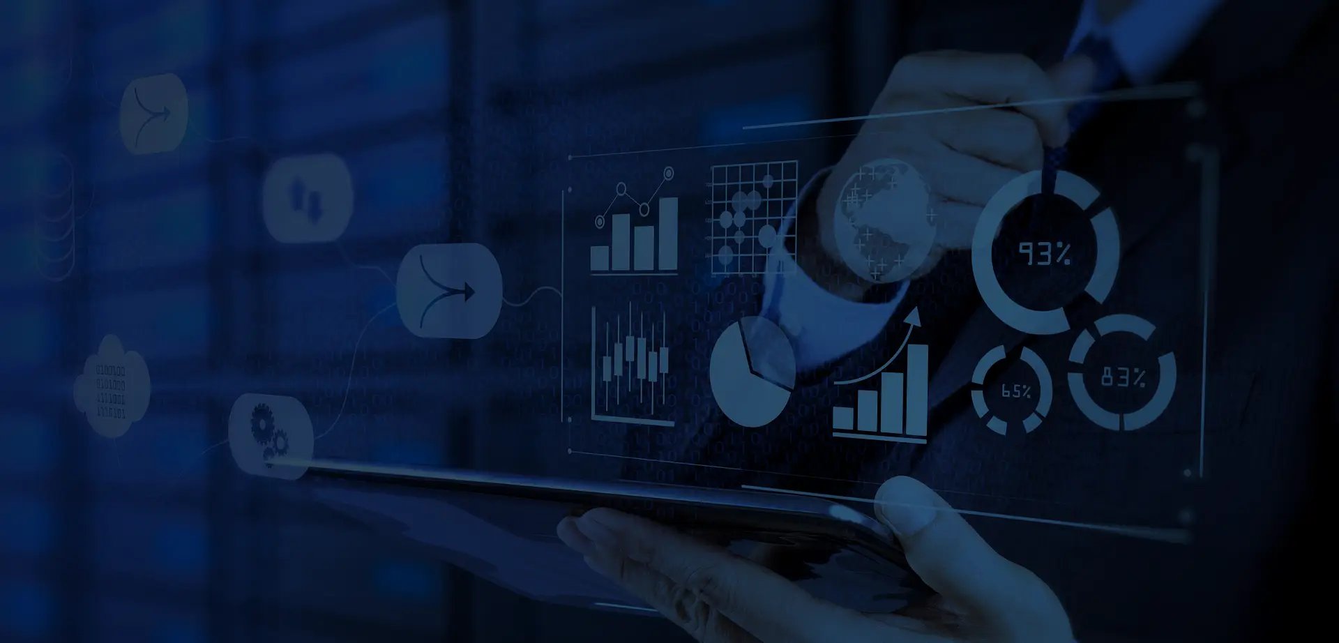 Business professional analyzing digital data dashboard with network graphs and analytics charts