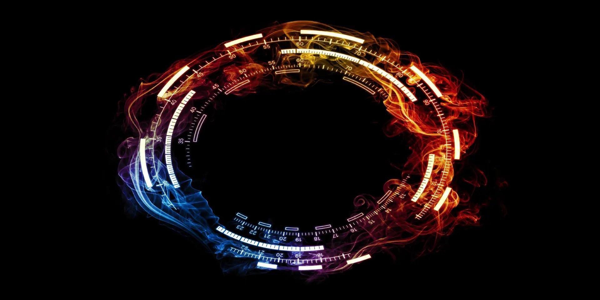 Abstract circular energy ring with blue and red light trails on dark background