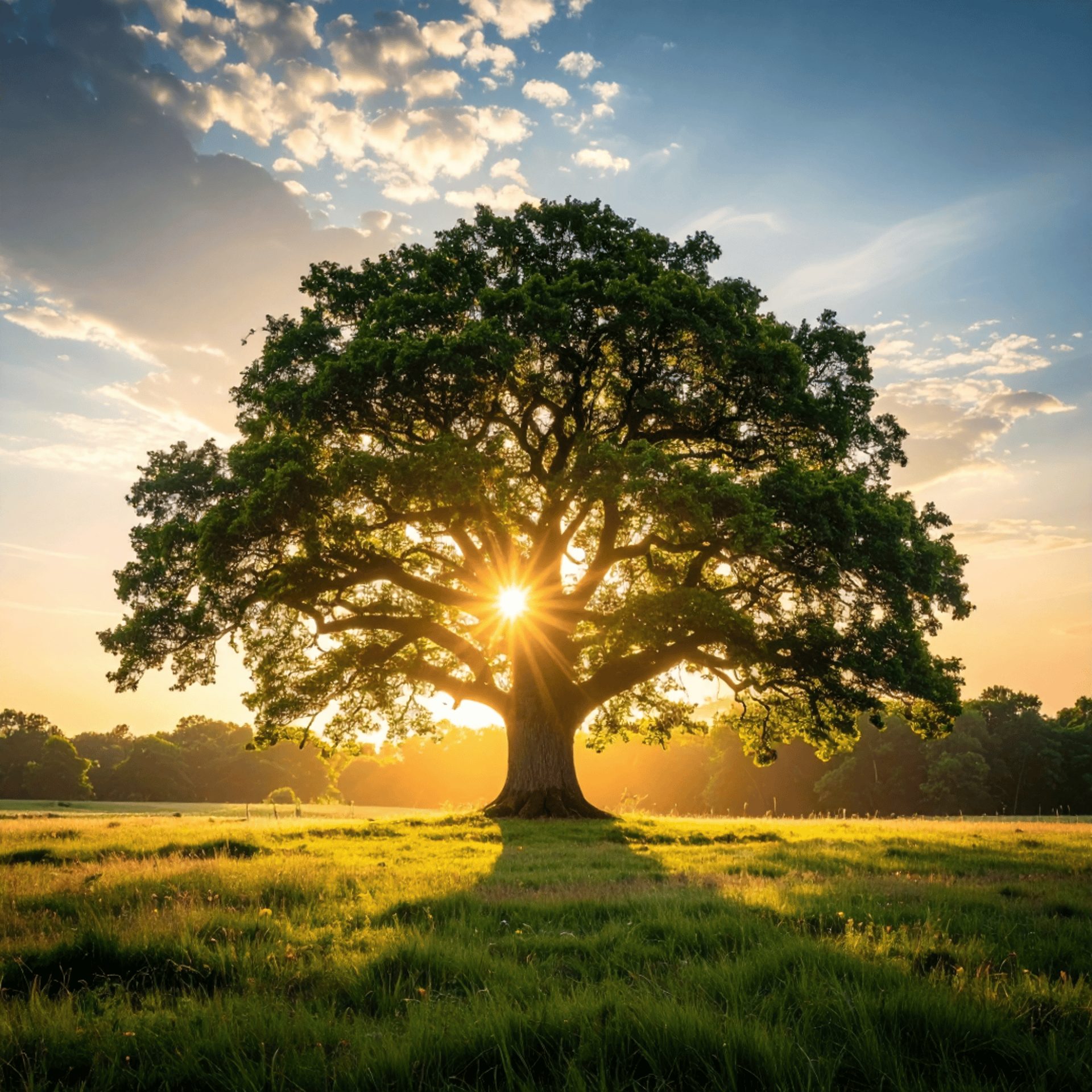 Large oak tree in nature, at sunset, with blue skies and the sun peering through the tree.