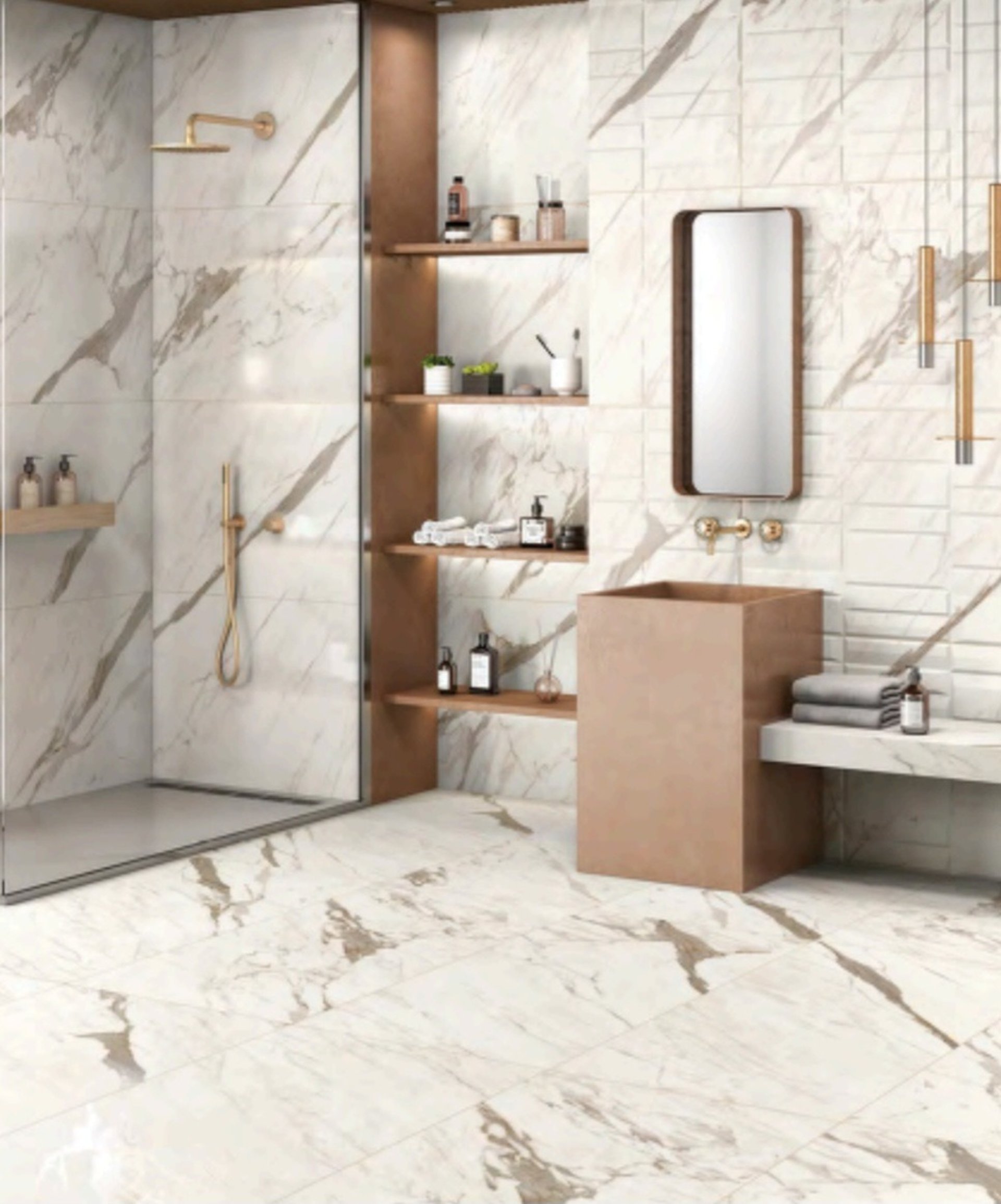 Elegant bathroom with luxurious marble effect porcelain tiles, a glass shower with gold fixtures and a modern sink