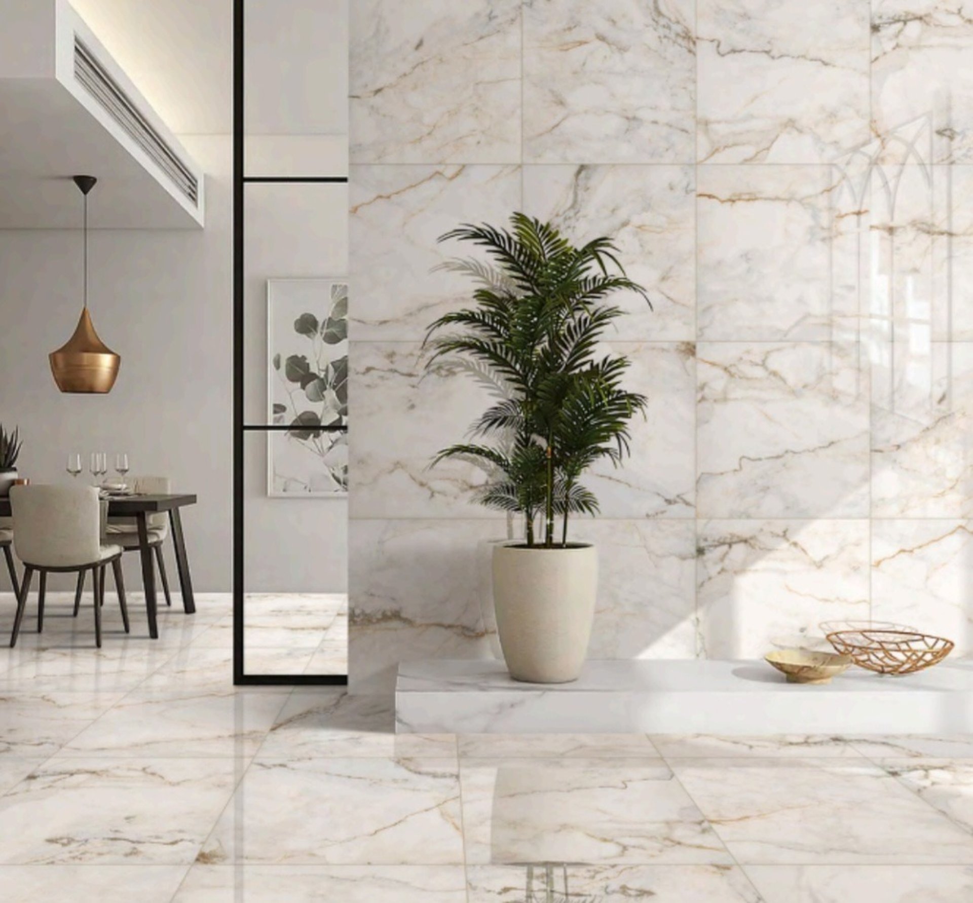 Manrise Enterprises- Modern interior with elegant marble flooring and walls.