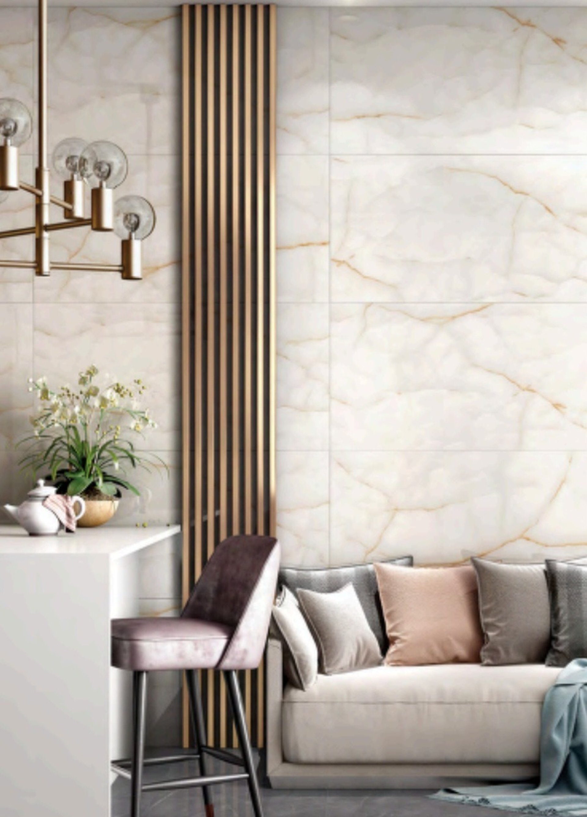 Sophisticated living space with a marble-patterned wall