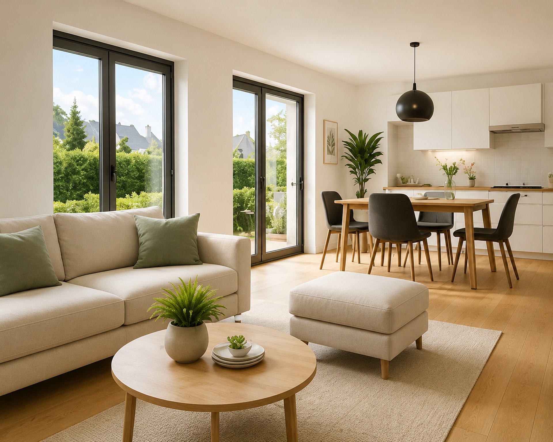 A living room filled with furniture and a large window