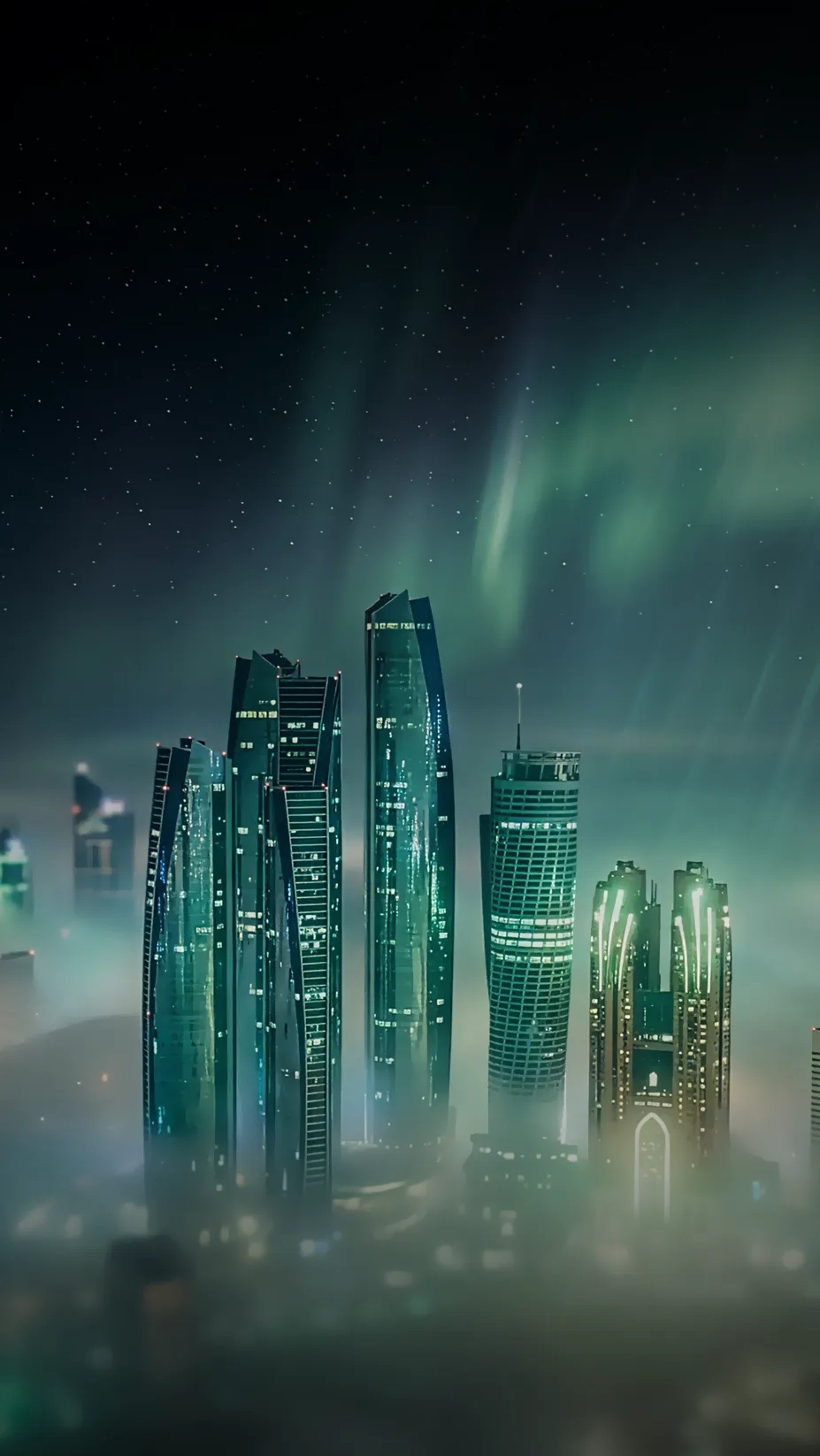 Abu Dhabi Skyline lit up by an Aurora Borealis