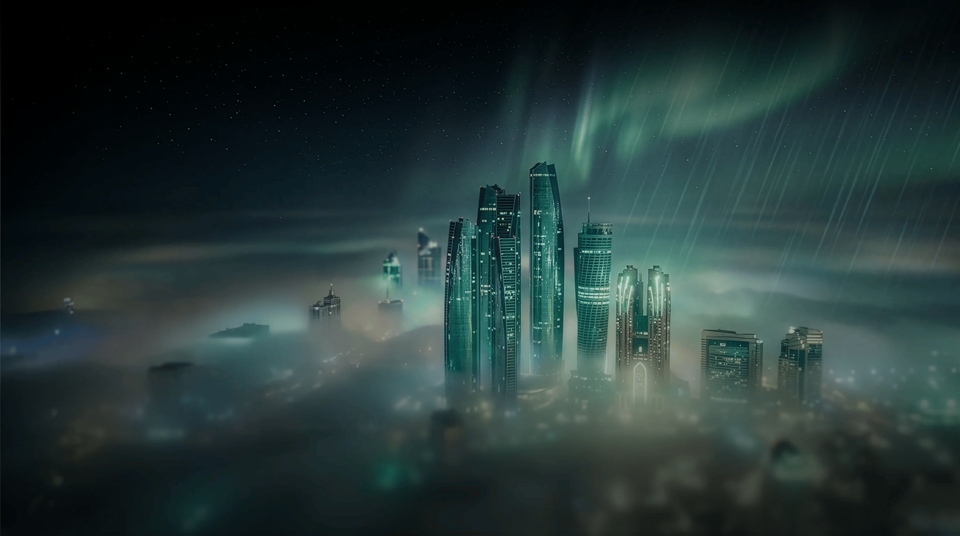 Abu Dhabi skyline lights up with an aurora borealis