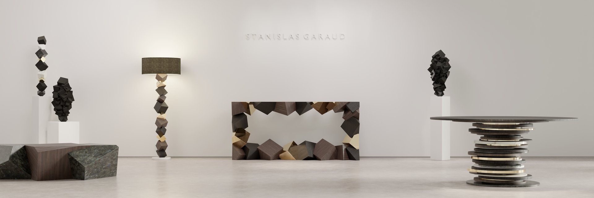Stanislas Garaud furniture and sculpture showroom. Pyrite console, floor lamp, Pyrite coffee table, Stratum round table