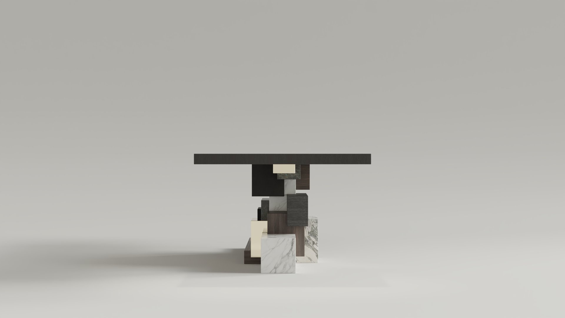 Blocks dining table, base in interlocking volumes of white marble, lava stone, walnut and brass, moabi top
