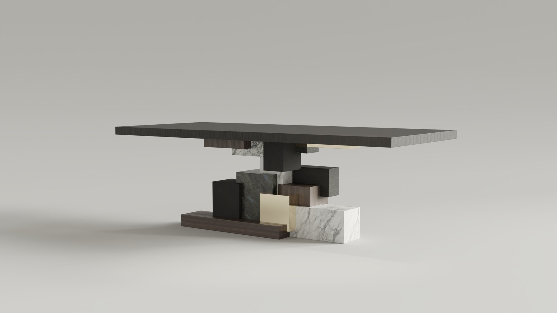 Blocks dining table, base in interlocking volumes of white marble, lava stone, walnut and brass, moabi top