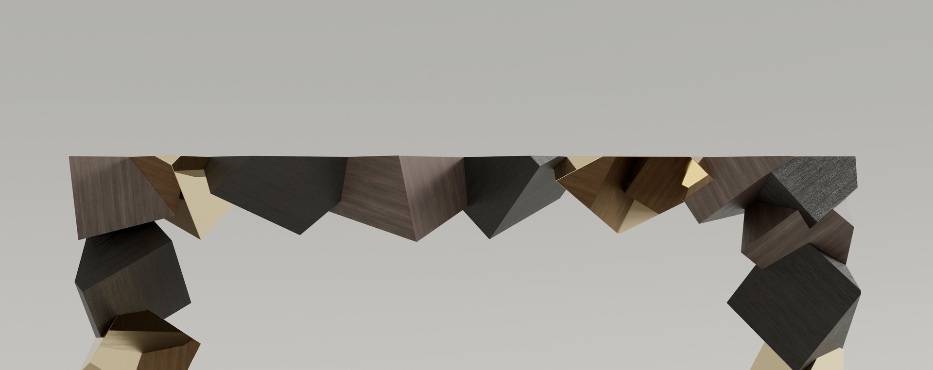 Console Pyrite en noyer et laiton poli, cubes imbriqués et tronqués