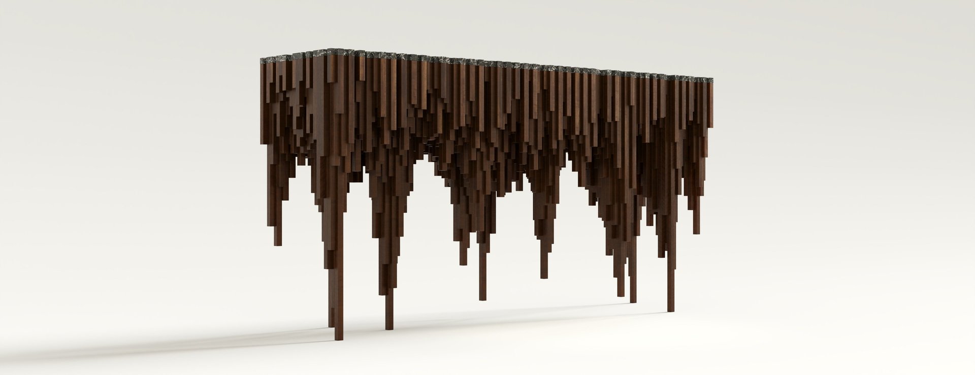 Rutile console, sculptural furniture with walnut prismatic columns descending from a fractured black marble top