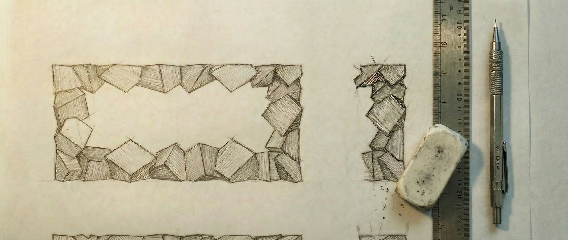 Pyrite Console sketch by Stanislas Garaud, eraser, ruler, mechanical pencil