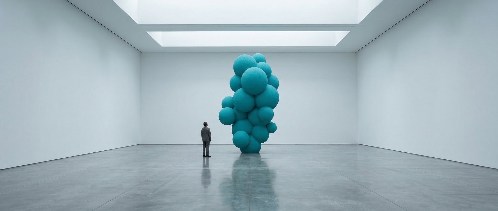 Sculpture Agathe turquoise monumentale dans espace d'exposition, murs blancs, spectateur minuscule devant la sculpture