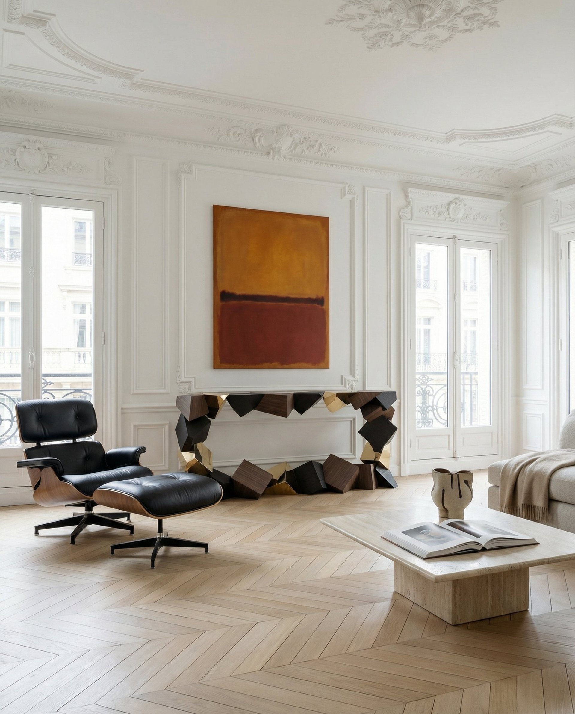 Console Pyrite dans appartement Haussmannien, fauteuil Eames, table en travertin, peinture abstraite