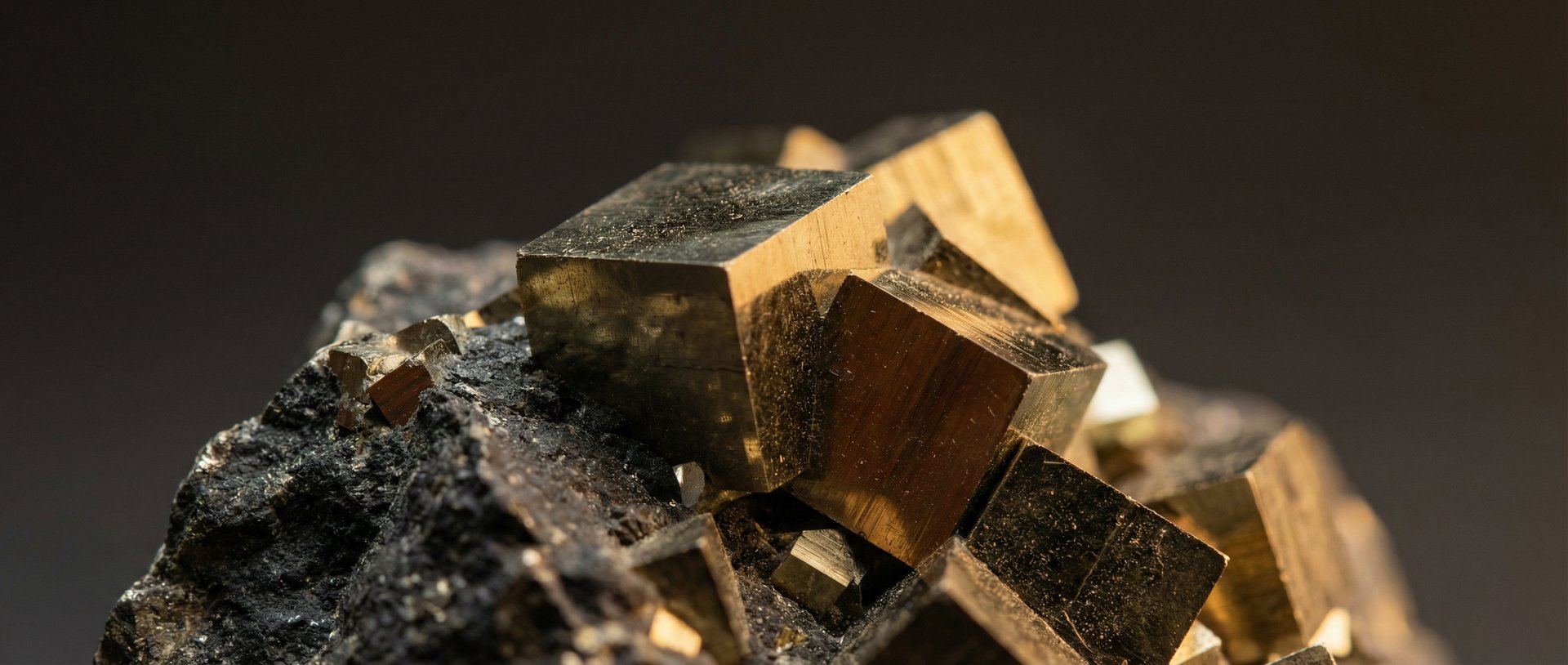 Gros plan de Cubes dorés de Pyrite naturelle, sur roche