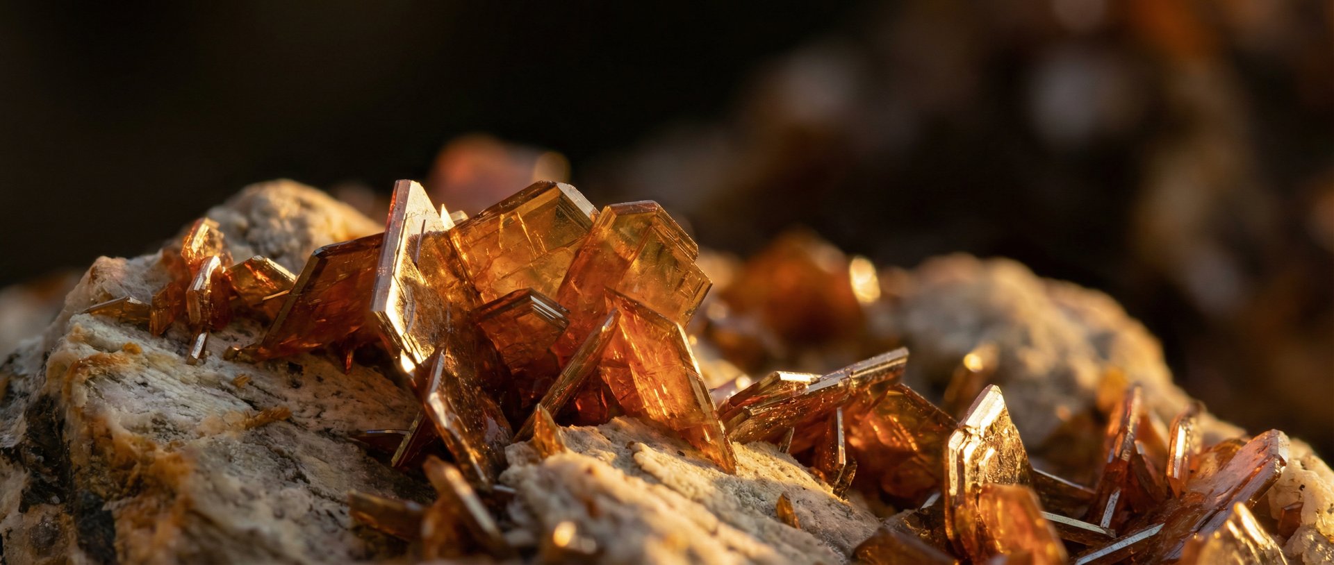 Wulfenite naturelle de couleur ambre, sur roche