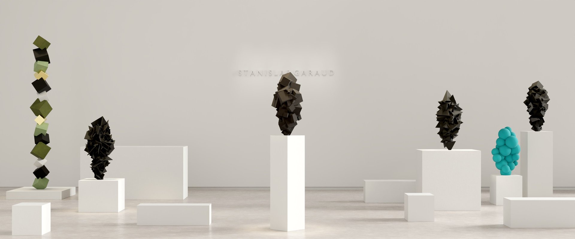 Stanislas Garaud showroom with Pyrite, wulfenite, azurite and Dodecahedron sculptures on white pedestals