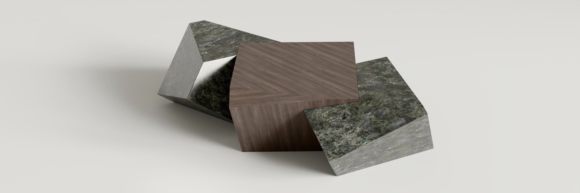 Table basse Pyrite en labradorite et noyer, cubes tronqués imbriqués