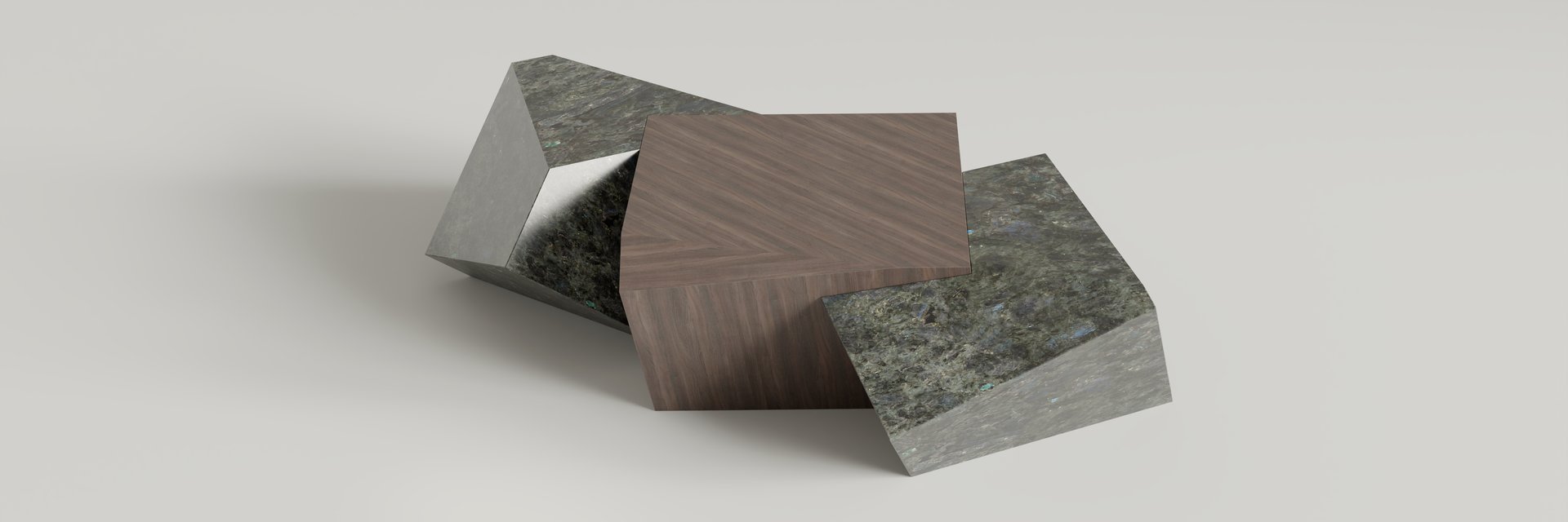 Table basse Pyrite en labradorite et noyer, cubes tronqués imbriqués