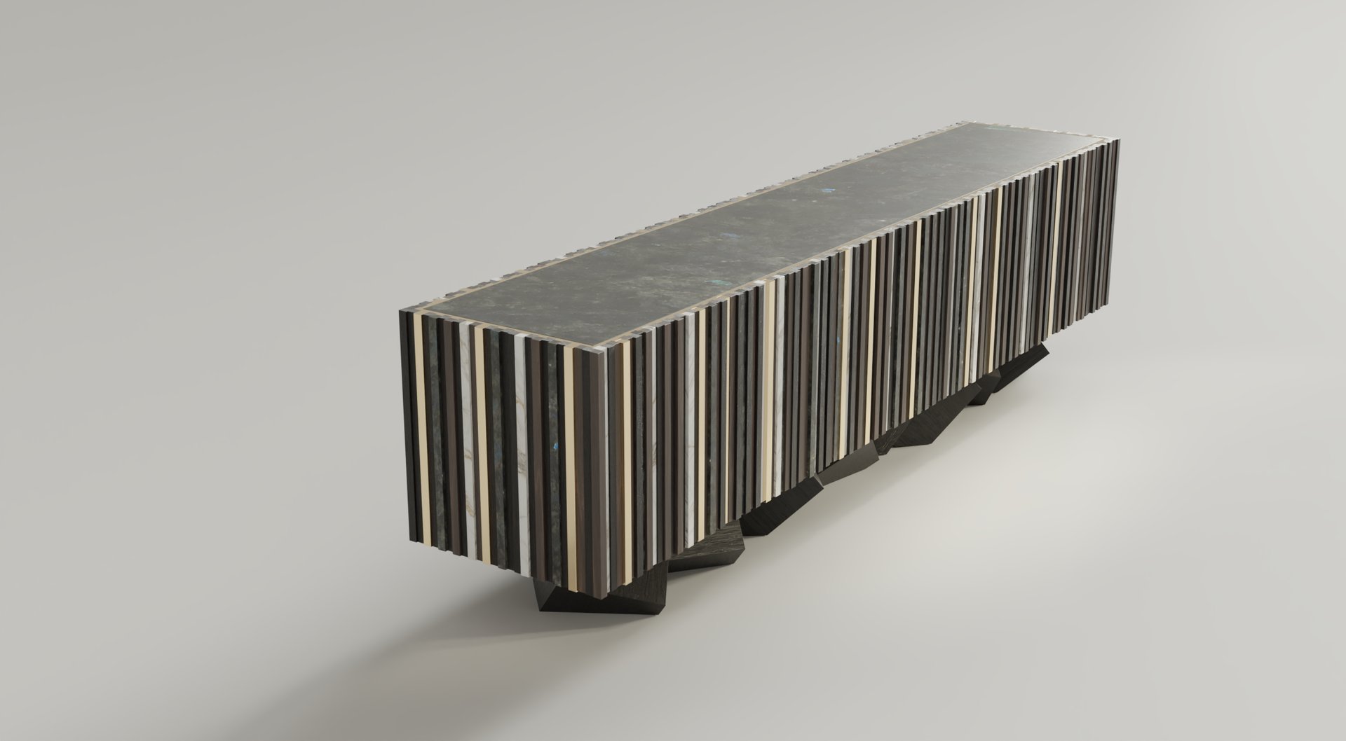 Enfilade série Pyrite en labradorite, marbre blanc, noyer, laiton poli, moabi teinté noir