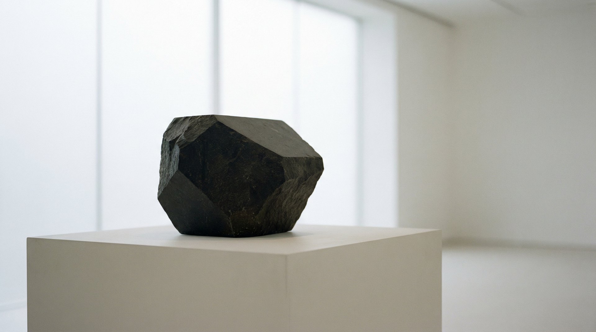 Black sculpture on pedestal in white cube exhibition room