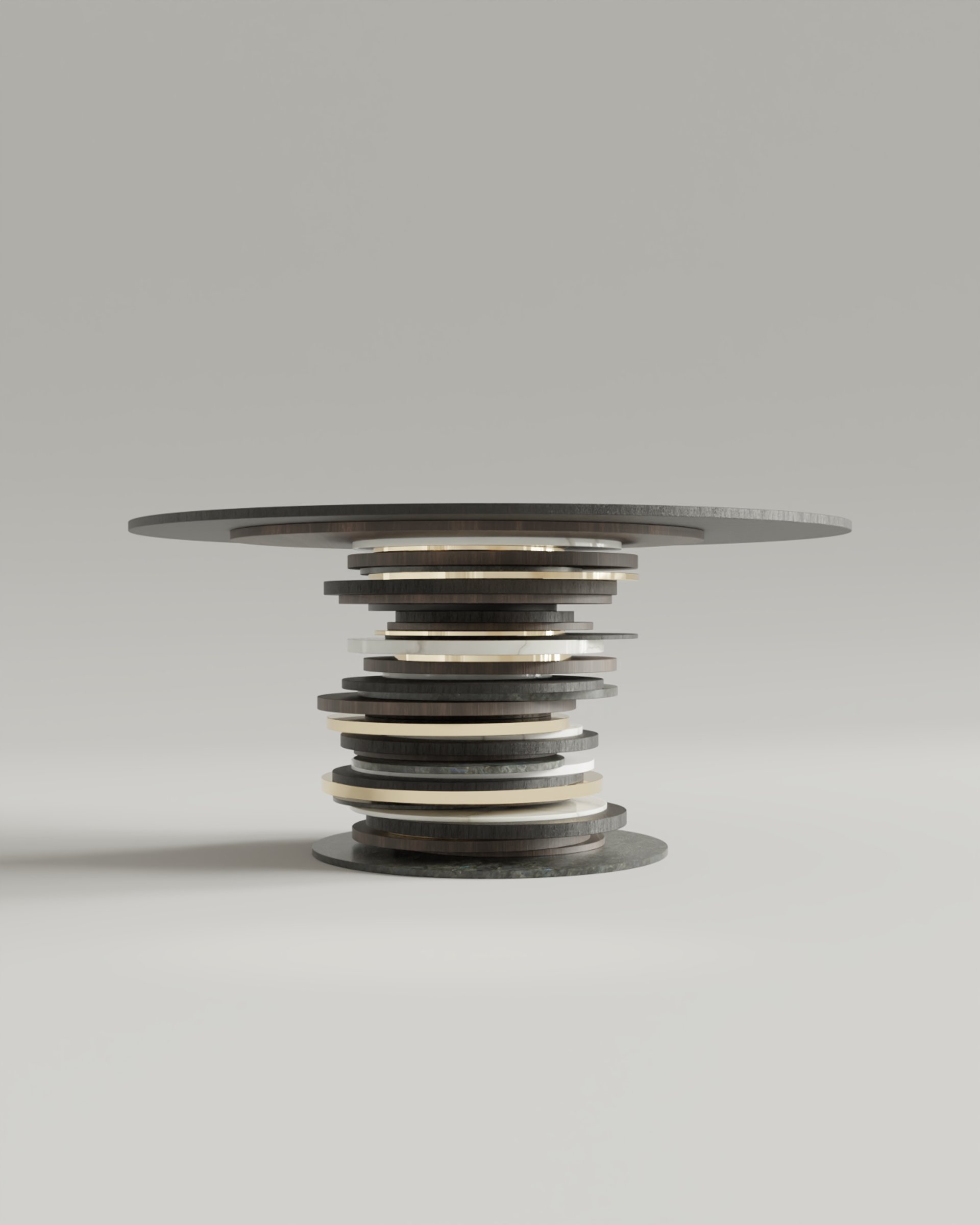 Table ronde Stratum en noyer, labradorite, marbre blanc, moabi et laiton poli.