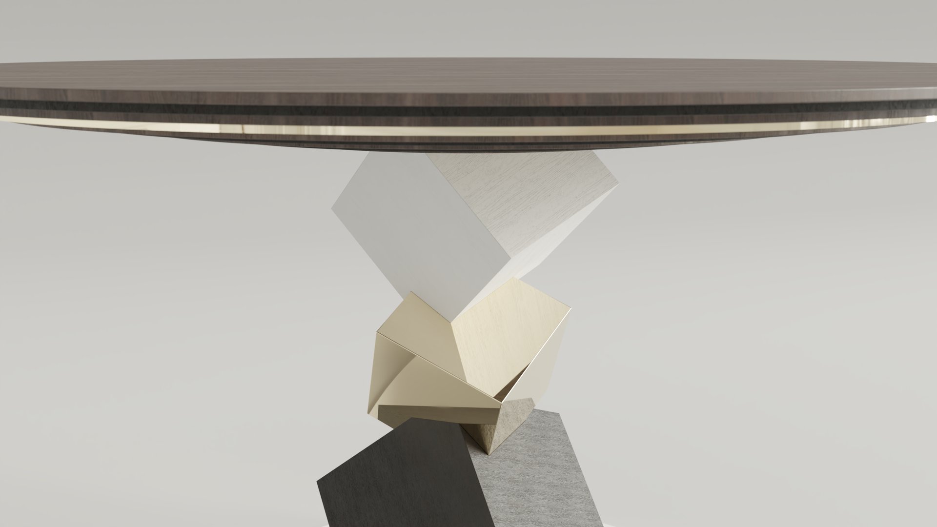 Detail Pyrite dining round table, polished brass, walnut, oak 