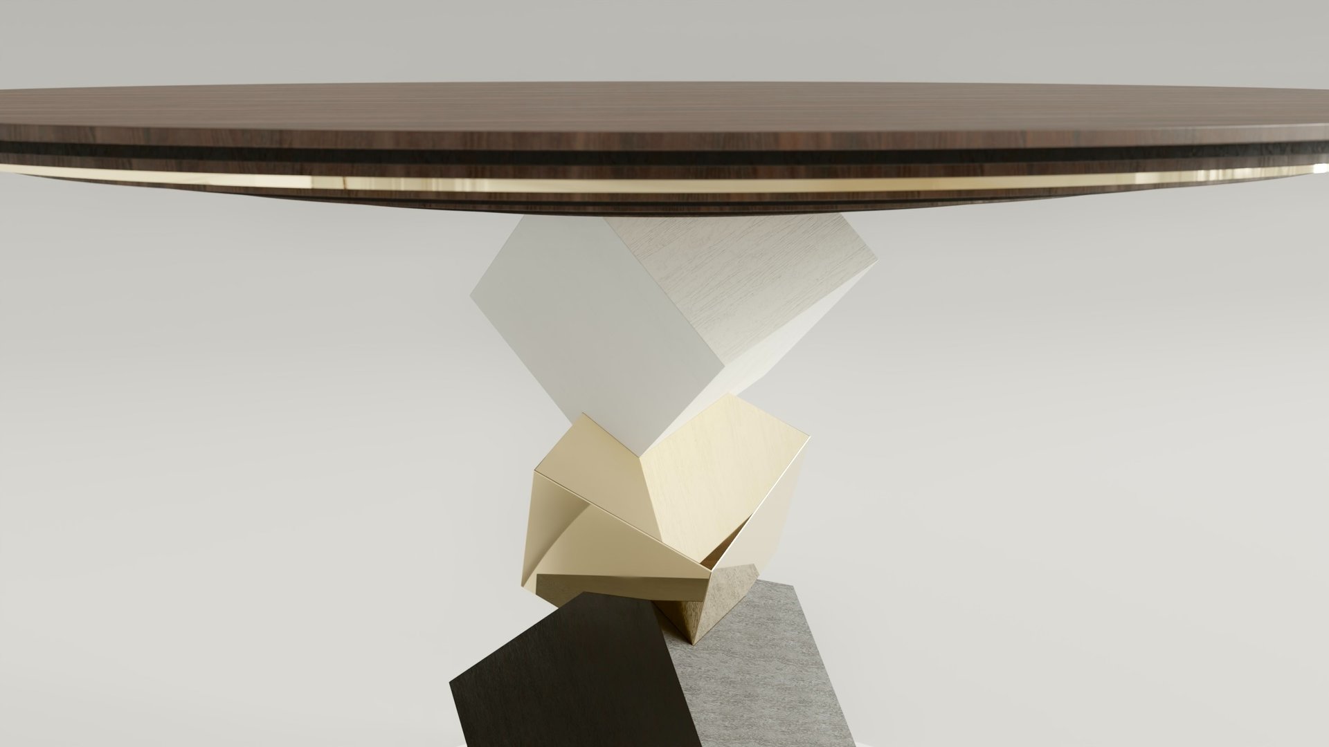 Détail pied de la Table ronde de la série Pyrite en noyer, laiton poli, moabi. Pied central formé de cubes