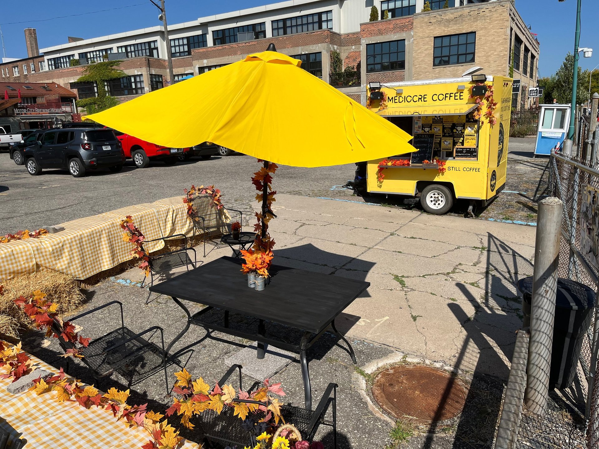 folding table and chair near yellow wall