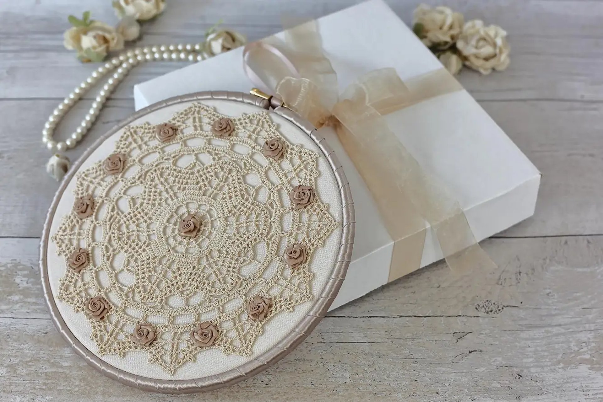 Vintage Inspired Decorative Hoop with Crochet Doily and Ribbon Rose Accents