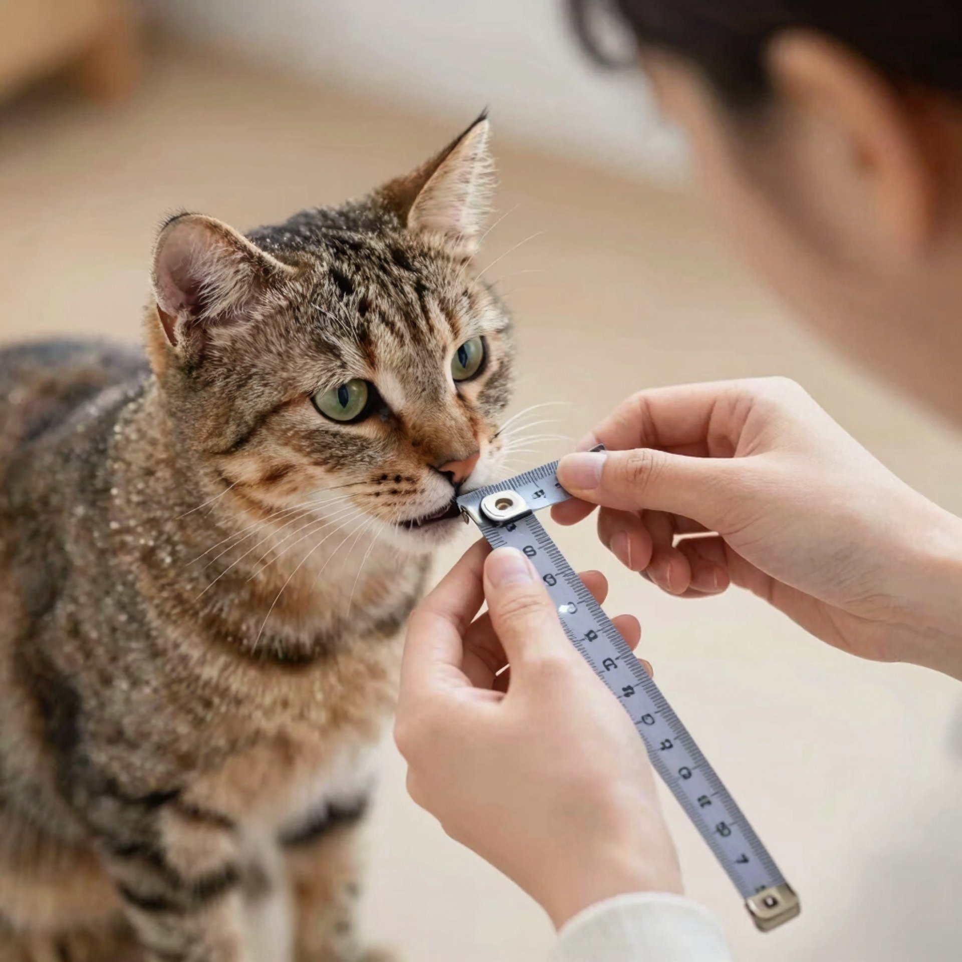 una persona con un cinta metrica tomadole medidas a un gato.