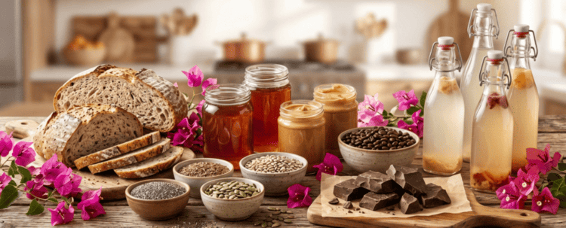 Mesa con variedad de productos, kefir, kombucha, café, cacao, semillas, pan de caja y untables de semillas naturales