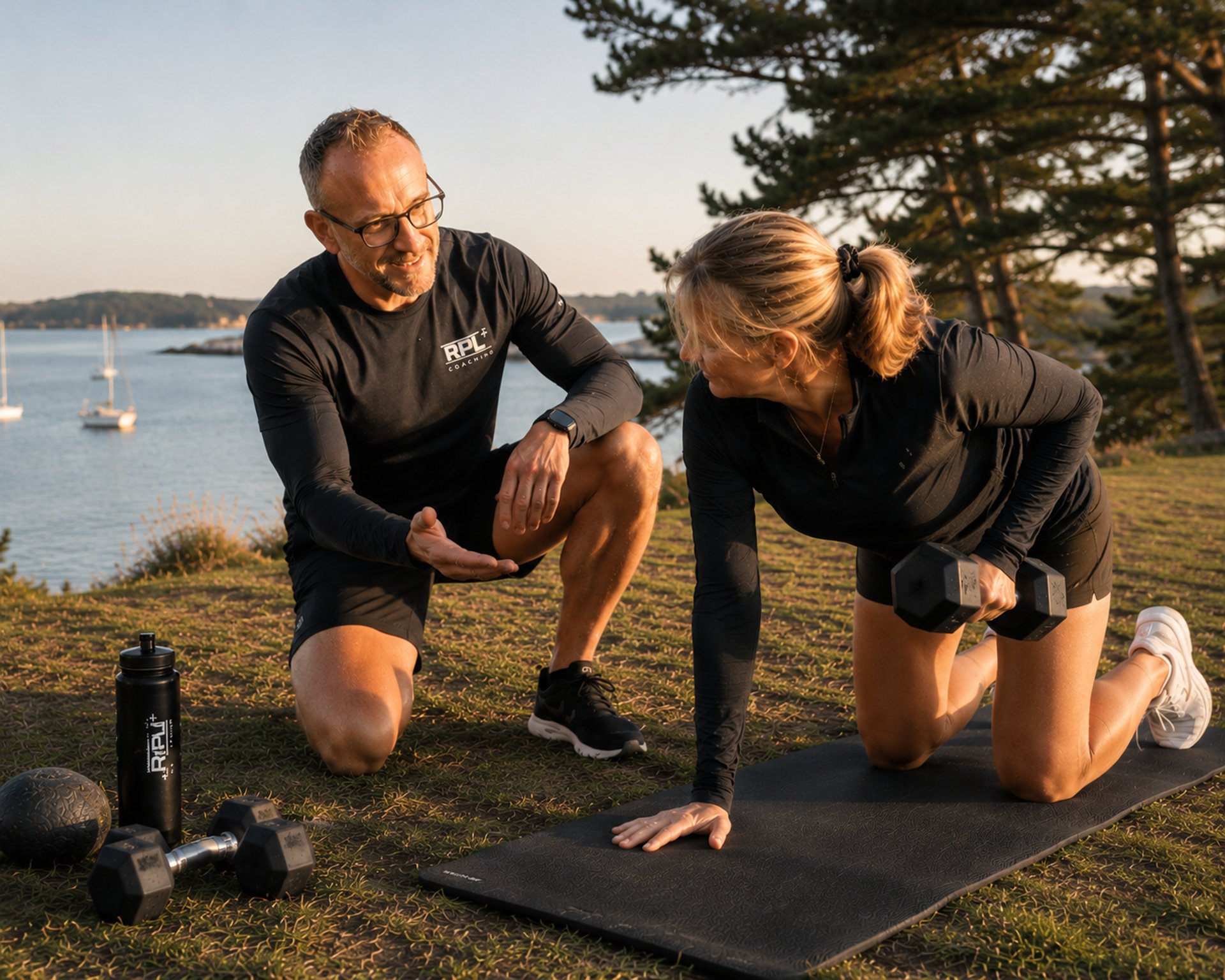 Coach sportif accompagnant une séance de renforcement fonctionnel dans le Golfe du Morbihan