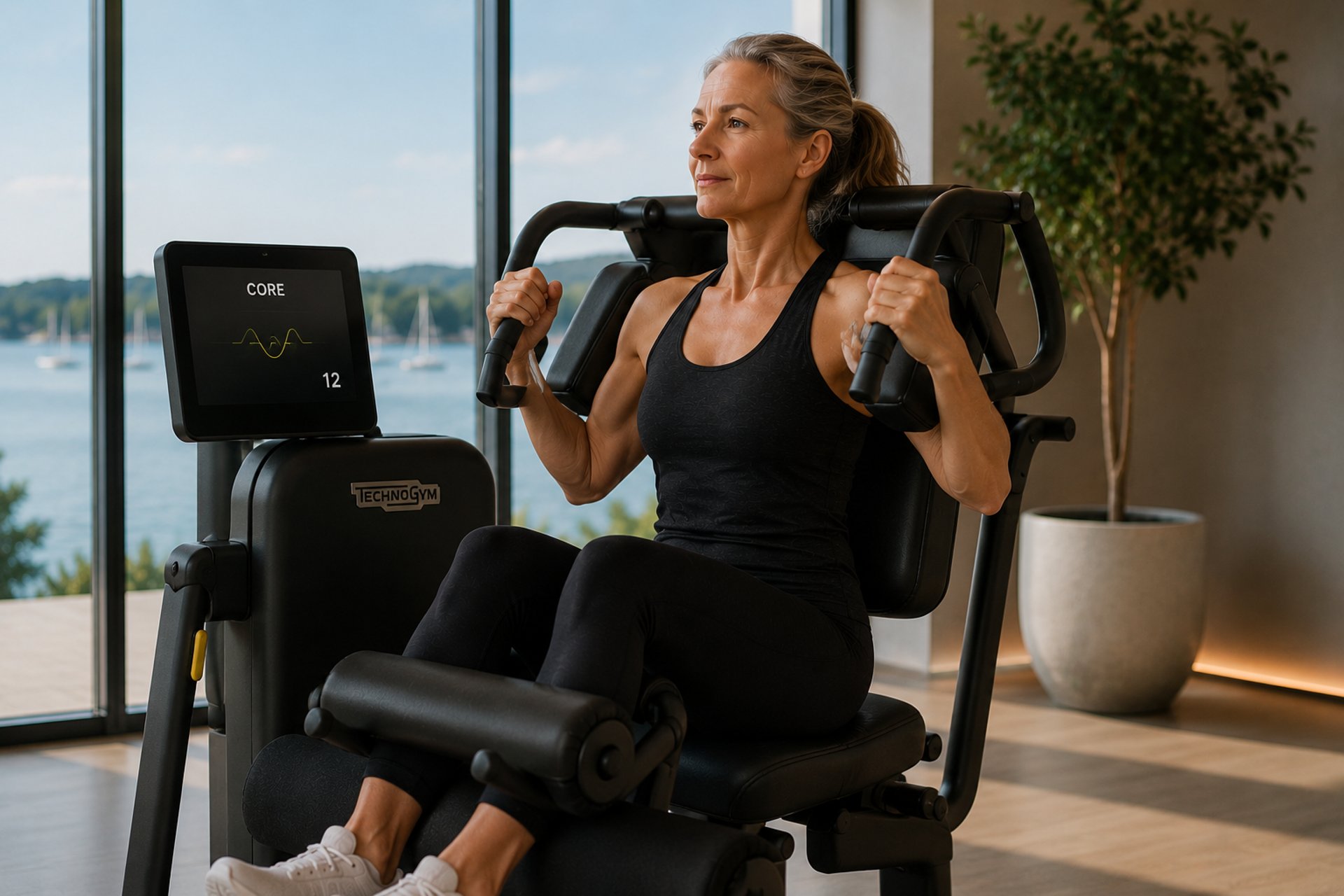 Femme effectuant un exercice de gainage abdominal grâce à une Core Machine.