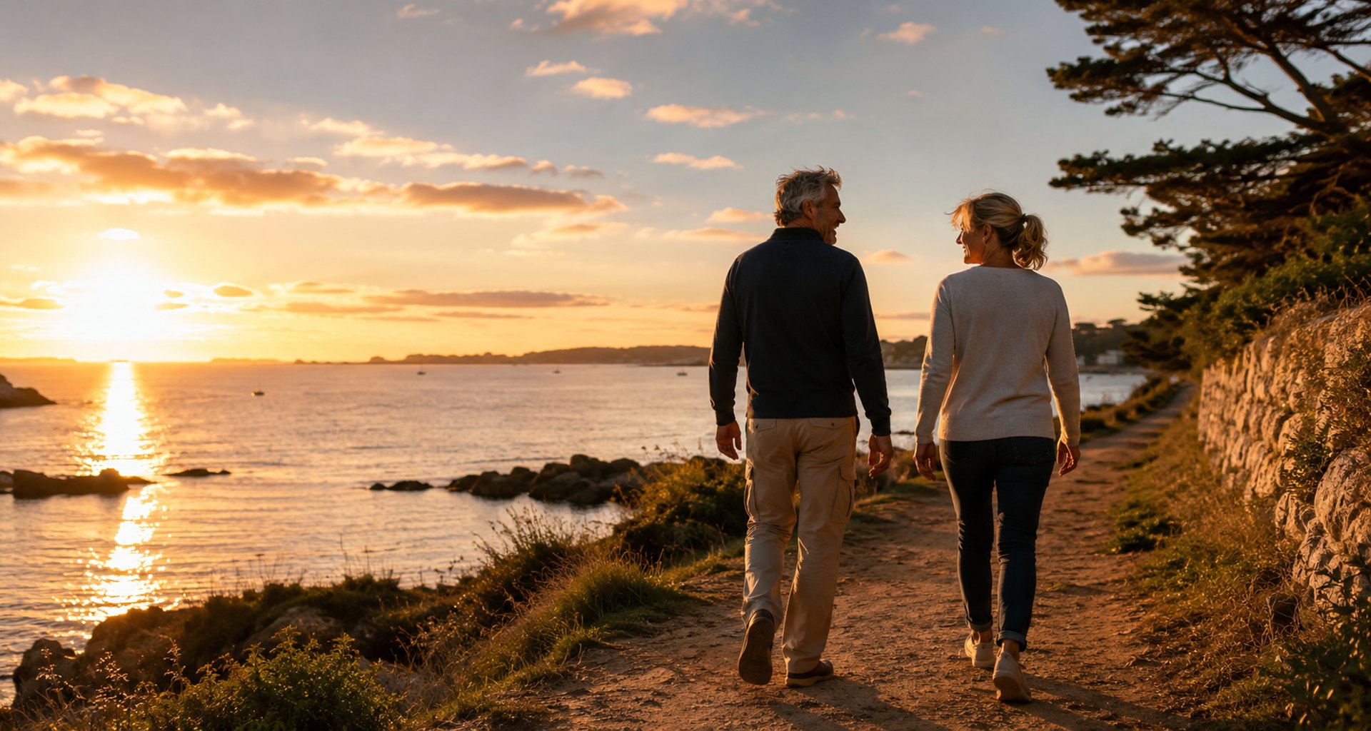 Couple en promenade au coucher du soleil au bord du Golfe du Morbihan.