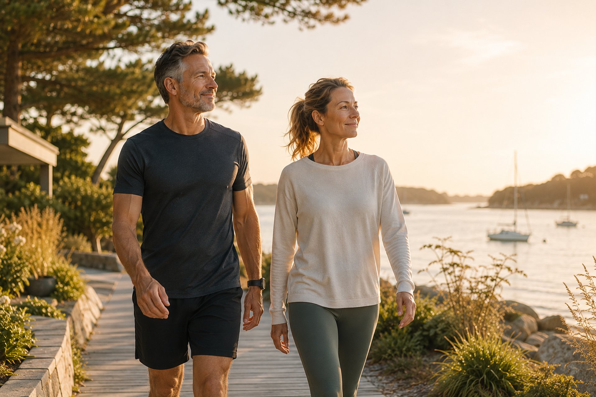 Couple en récupération active lors d'une séance de marche au bord du Golfe.