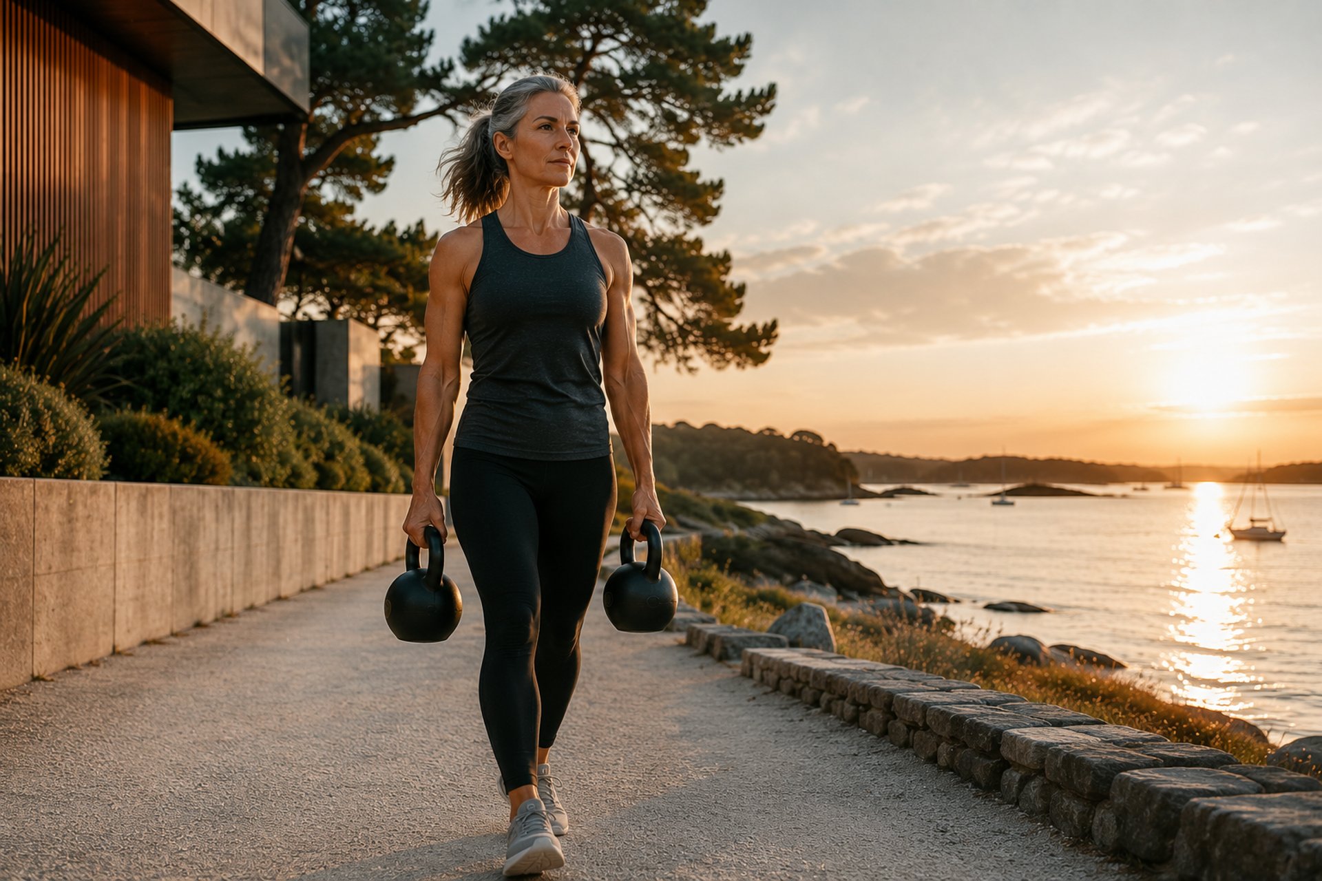 Femme 40+ effectuant un exercice de farmer carry en bord de mer au crépuscule 