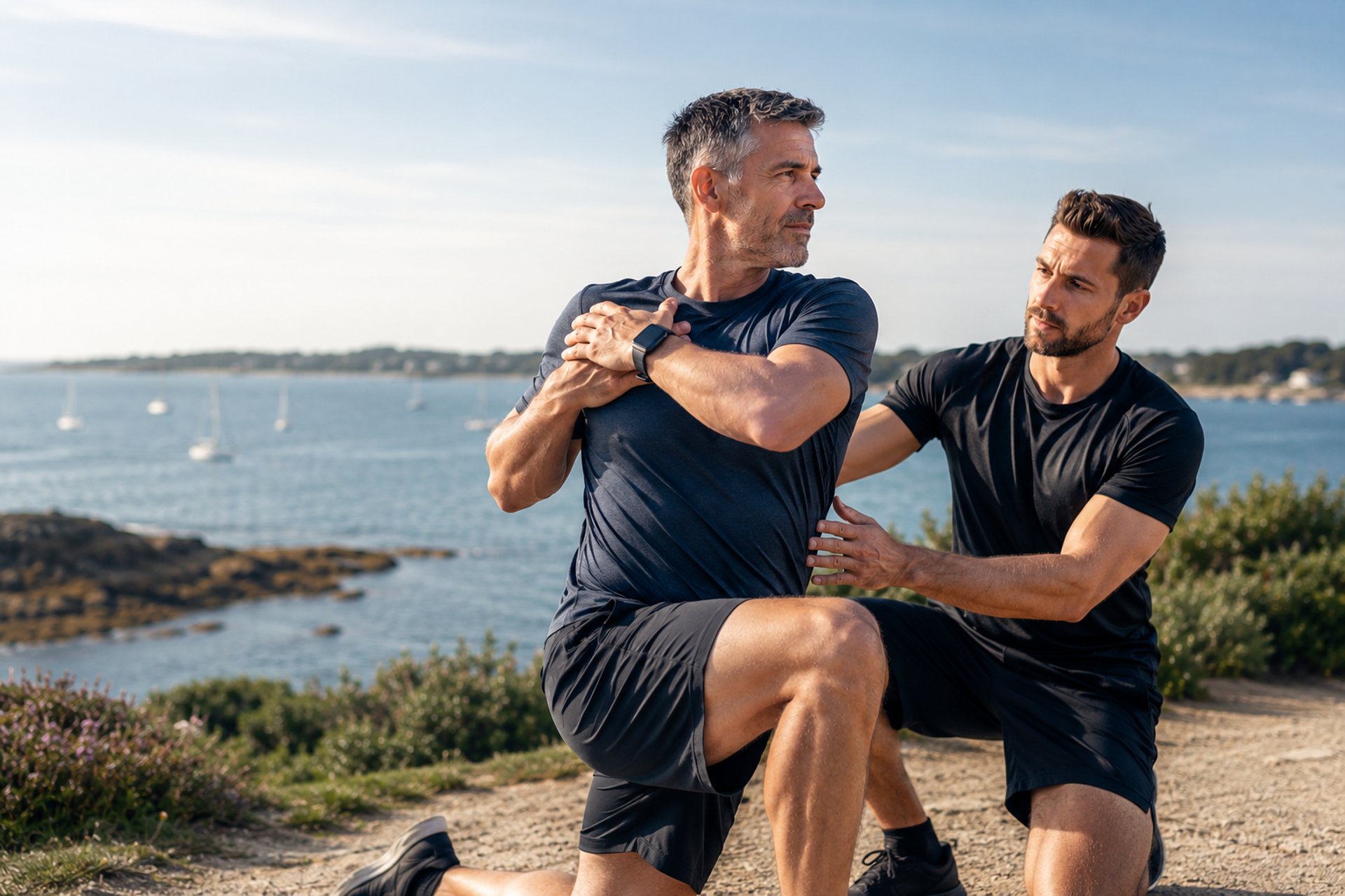Entrainement fonctionnel d'un exercice de squat avec une kettlebell au bord du Golfe à Sarzeau