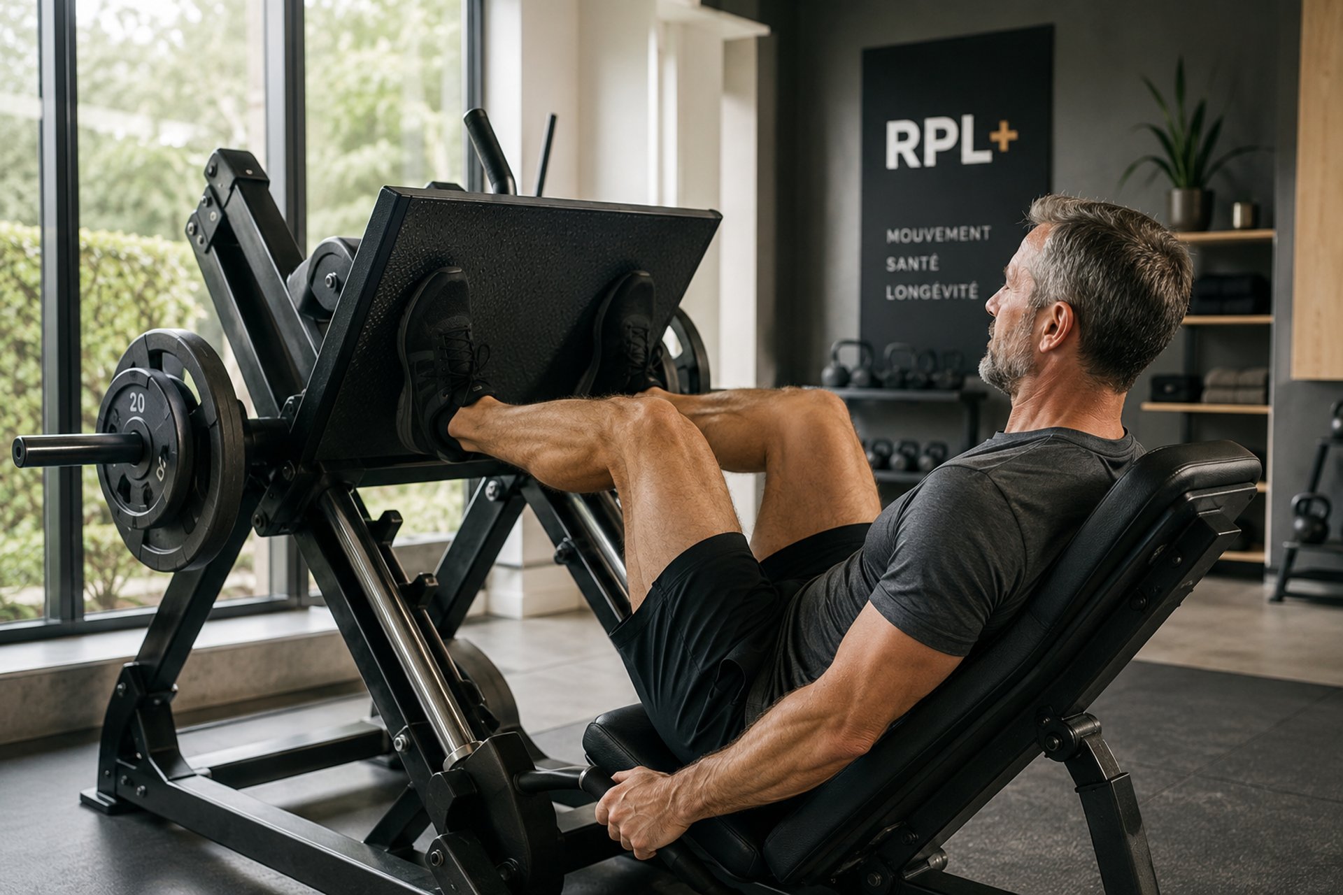 Homme 40+ effectuant exercice de renforcement musculaire sur une leg press