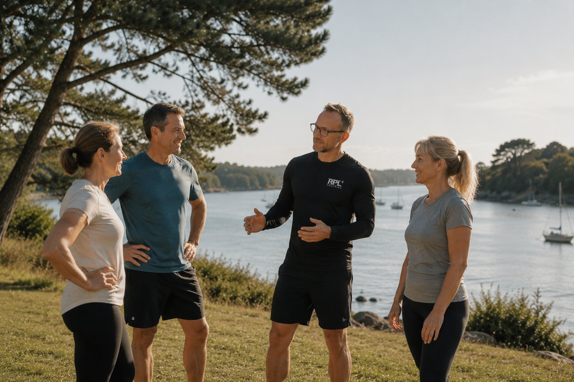 Coach sportif RPL+ donnant les consignes à ses clients au bord du Golfe du Morbihan à Sarzeau en Bretagne
