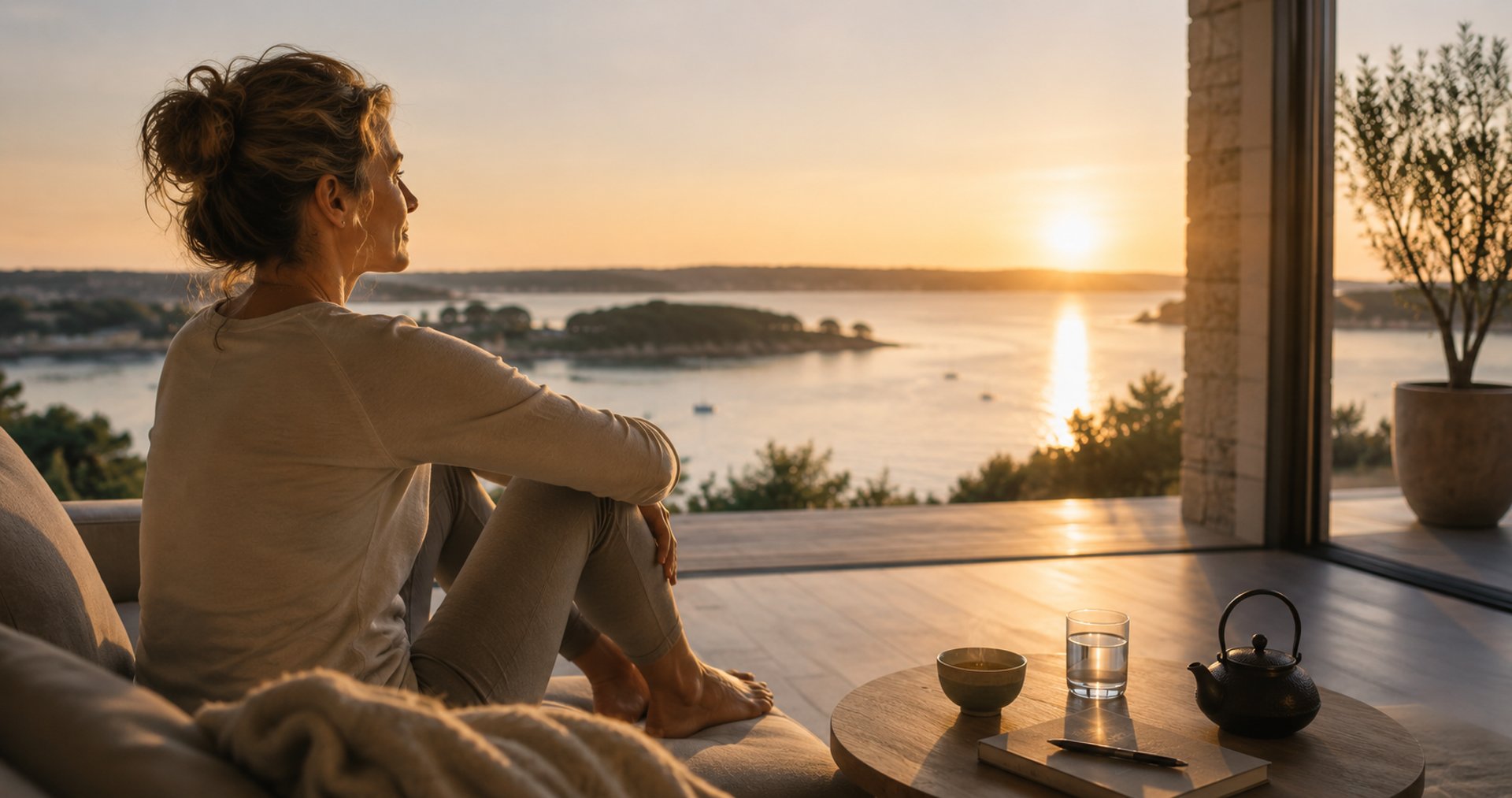 Femme profitant d’un moment de récupération face au coucher du soleil sur le Golfe du Morbihan